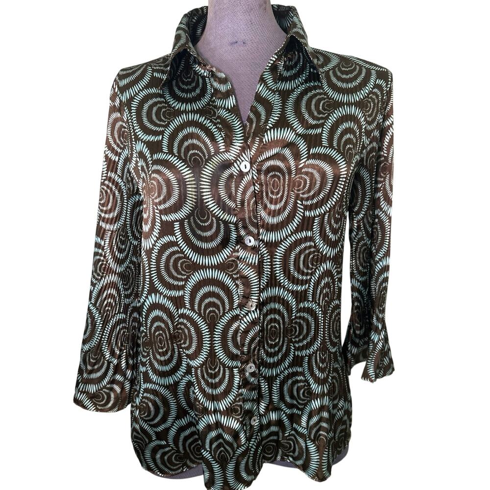 Sere Nade New York Blue & Brown Accordian Crinkle Button Up Blouse size 1XL